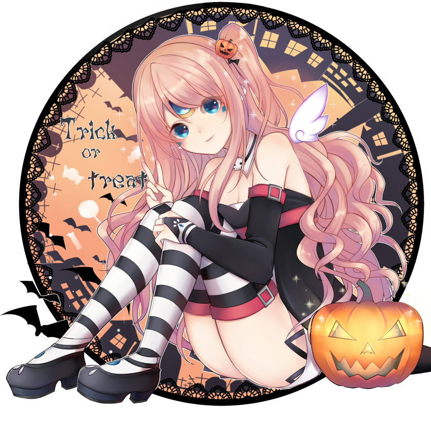 1girl absurdres alternate_hair_color black_footwear black_sleeves blonde_hair blue_eyes breasts bridal_gauntlets choker cleavage curly_hair detached_sleeves egg_(rxlal) elsword eve_(elsword) floating_hair food_themed_hair_ornament full_body hair_between_eyes hair_ornament halloween_costume highres long_hair long_sleeves looking_at_viewer pumpkin pumpkin_hair_ornament shiny shiny_hair side_ponytail simple_background sitting skull small_breasts smile solo striped striped_legwear thigh-highs trick_or_treat v very_long_hair white_background