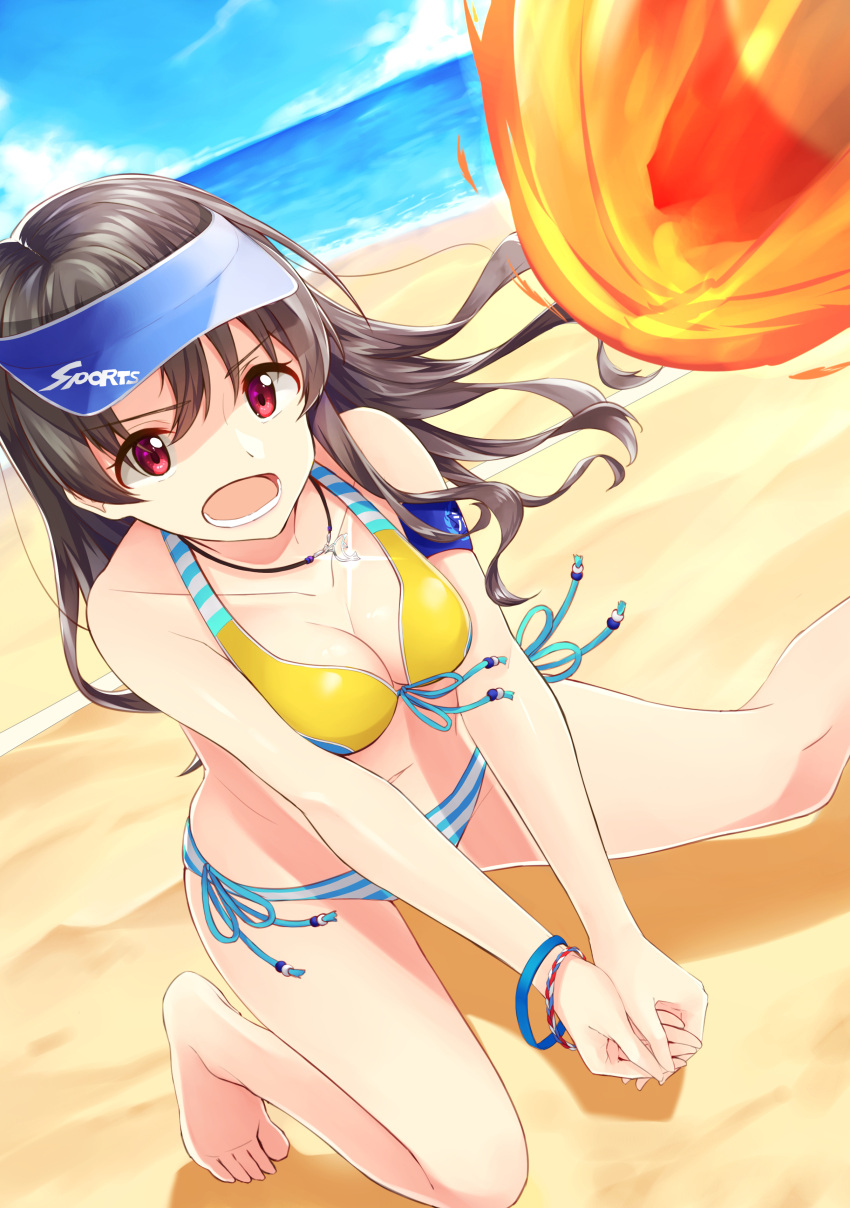 1girl absurdres bangs blue_bikini_bottom blue_bikini_top blue_hat blue_sky blue_wristband breasts cleavage clouds collarbone dolphin_pendant eyebrows_visible_through_hair fireball floating_hair front-tie_bikini front-tie_top hands_together hat highres idolmaster idolmaster_million_live! idolmaster_million_live!_theater_days medium_breasts megurumiru multicolored_bikini_top navel ocean one_knee open_mouth parted_bangs red_eyes round_teeth sand shore side-tie_bikini_bottom sky swimsuit takayama_sayoko teeth thighs visor_cap volleyball white_bikini_bottom white_bikini_top yellow_bikini_top