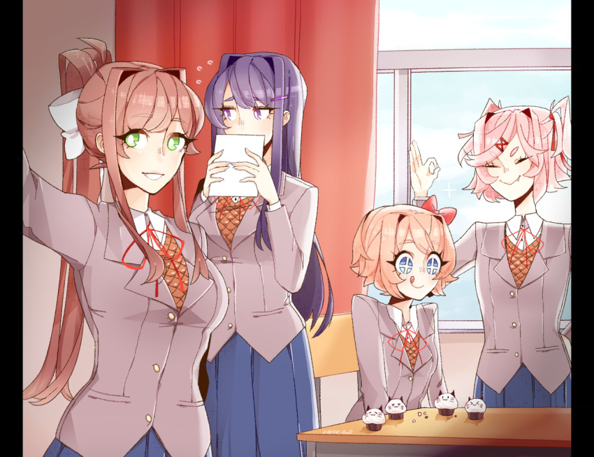 +_+ 4girls :&gt; :q blue_eyes blue_skirt bow breasts brown_hair caffe0w0 chair cleavage commentary covering_mouth cupcake curtains day doki_doki_literature_club eyebrows_visible_through_hair eyes_visible_through_hair fang fang_out flying_sweatdrops food green_eyes grey_jacket hair_bow hair_ornament hair_ribbon hairclip indoors jacket long_hair looking_away monika_(doki_doki_literature_club) multiple_girls natsuki_(doki_doki_literature_club) ok_sign pillarboxed pink_hair ponytail purple_hair red_bow red_ribbon ribbon sayori_(doki_doki_literature_club) school_uniform short_hair skirt smile table tongue tongue_out v-shaped_eyebrows violet_eyes white_ribbon window yuri_(doki_doki_literature_club)