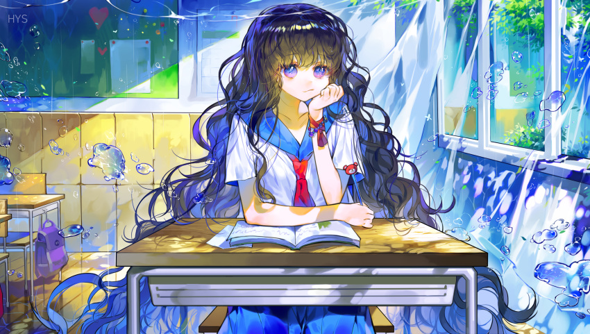 1girl :3 arm_support backpack bag black_hair blue_eyes blue_hair blue_sailor_collar calendar_(object) chalkboard chin_rest classroom closed_mouth commentary curtains day english_commentary fantasy gradient_hair hayanse heart highres holding holding_pencil indoors long_hair looking_at_viewer multicolored_hair necktie original pencil purple_backpack red_neckwear sailor_collar shiny_floor sitting smile solo sunlight two-tone_hair very_long_hair water white_curtains window