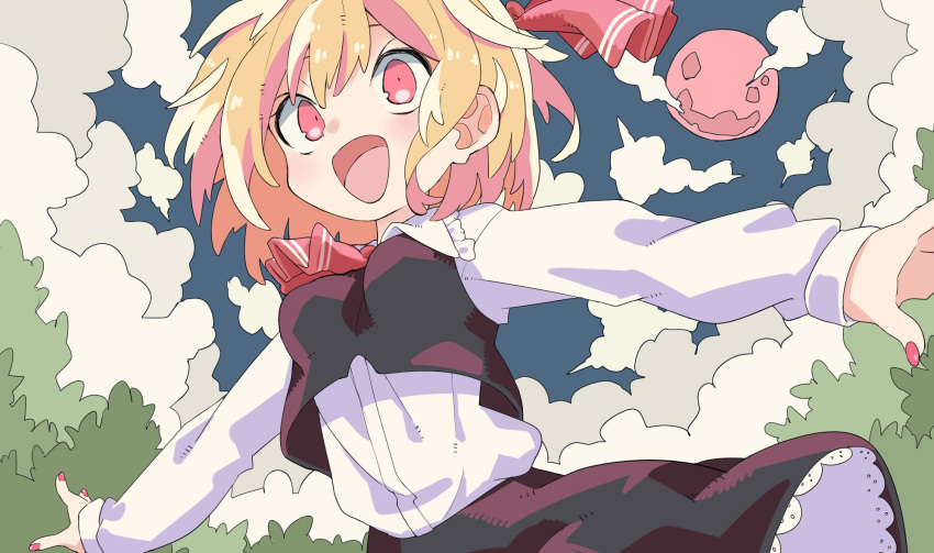 1girl ascot banana_takemura black_skirt black_vest blonde_hair blue_sky clouds fingernails full_moon hair_ribbon highres long_sleeves looking_afar moon multicolored_hair nail_polish open_mouth outdoors outstretched_arms pink_hair red_eyes red_nails red_neckwear red_ribbon ribbon rumia shirt short_hair skirt skirt_set sky smile solo spread_arms streaked_hair touhou vest white_hair white_shirt