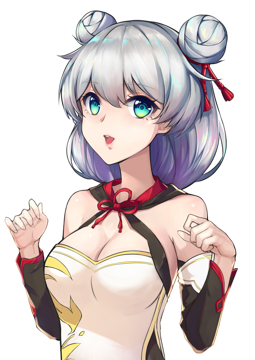 1girl absurdres alternate_hairstyle blue_eyes breasts cleavage commentary_request double_bun eyebrows_visible_through_hair hair_between_eyes hair_ribbon highres honkai_(series) honkai_impact_3 long_hair long_sleeves looking_at_viewer medium_breasts open_mouth ribbon silver_hair solo theresa_apocalypse upper_body white_background wo_cai_bushi_zhushou