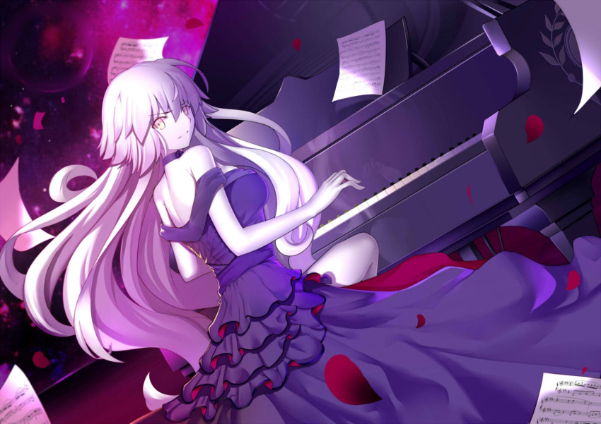 1girl ahoge bangs breasts choker commentary_request dark_background dress eyebrows_visible_through_hair fate/grand_order fate_(series) from_behind highres instrument jeanne_d'arc_(alter)_(fate) jeanne_d'arc_(fate)_(all) layered_dress long_hair looking_at_viewer looking_back medium_breasts music off-shoulder_dress off_shoulder pale_skin paperfinger parted_lips petals piano playing_instrument purple_choker purple_dress sheet_music silver_hair sitting smile solo v-shaped_eyebrows very_long_hair yellow_eyes