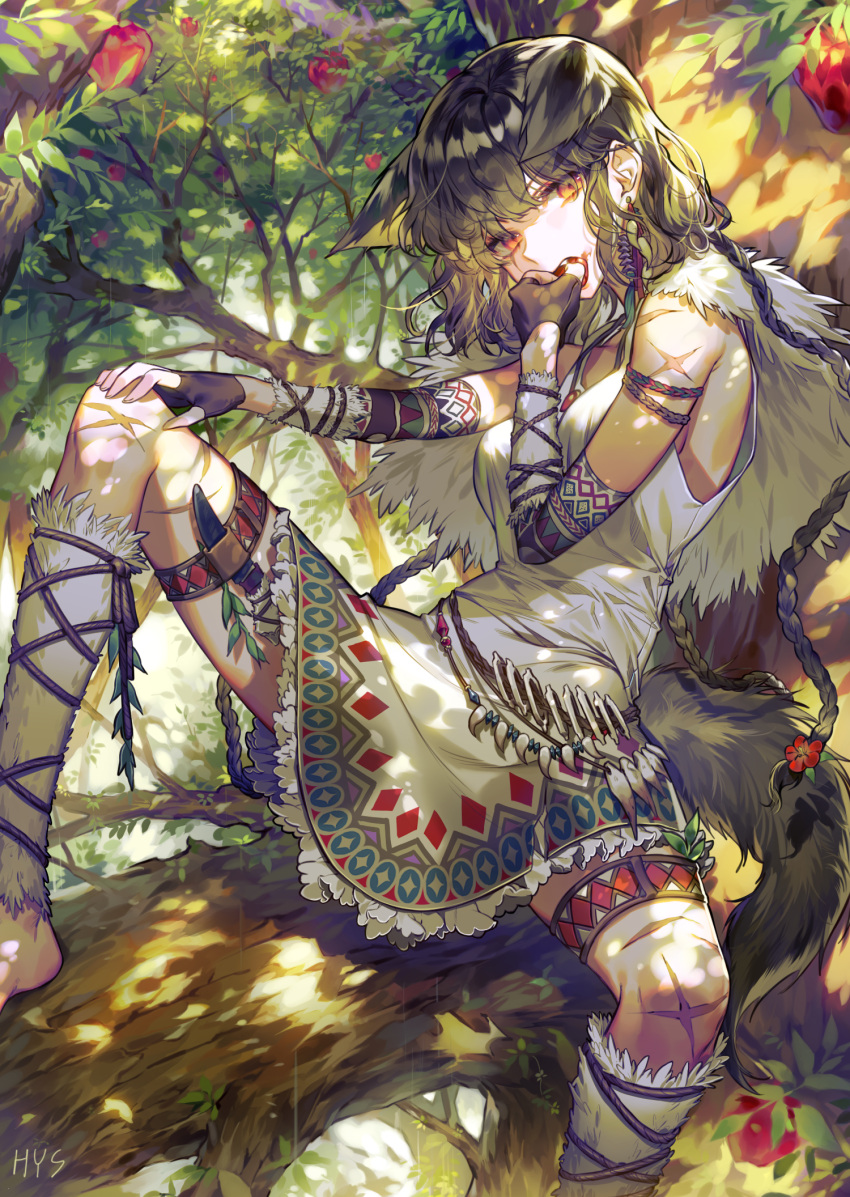 1girl animal_ears barefoot black_gloves black_hair braid breasts dappled_sunlight day fang fingerless_gloves forest gloves hayanse highres knee_up knife_holster long_hair looking_at_viewer medium_breasts native_american nature open_mouth original outdoors shirt sideboob sitting sleeveless sleeveless_shirt sunlight thigh_strap tooth tree very_long_hair white_shirt wolf_ears