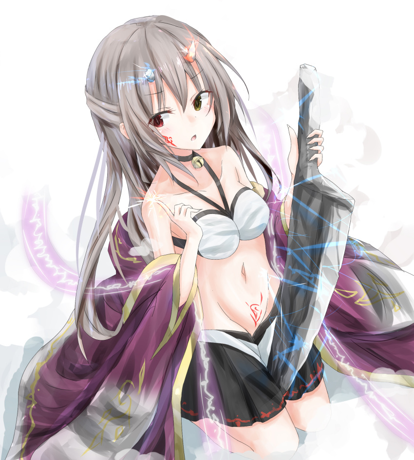 1girl :o bangs bare_shoulders bell bikini_top black_choker black_skirt blush breasts choker collarbone commentary_request eyebrows_visible_through_hair facial_mark green_eyes grey_hair groin hair_between_eyes halter_top halterneck hands_up heterochromia highres holding holding_sword holding_weapon horns index_finger_raised japanese_clothes jingle_bell kneeling long_hair looking_at_viewer magic medium_breasts miniskirt navel off_shoulder open_clothes original otakubotti parted_lips pleated_skirt red_eyes sidelocks skirt solo stomach sword weapon white_background white_bikini_top wide_sleeves