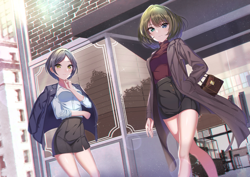 2girls bag bangs black_jacket black_skirt blue_eyes breasts brown_coat brown_hair brown_shirt coat dress_shirt from_below green_eyes grey_hair hand_in_pocket handbag hayami_kanade heterochromia idolmaster idolmaster_cinderella_girls jacket lens_flare looking_at_viewer medium_breasts miniskirt multiple_girls mysterious_eyes_(idolmaster) open_clothes open_coat open_jacket outdoors parted_bangs pencil_skirt ribbed_sweater shirt short_hair skirt smile sparkle standing sutoroa sweater takagaki_kaede walking white_shirt