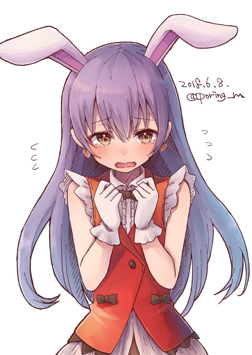 1girl animal_ears bangs blue_hair blush commentary_request dated earrings eyebrows_visible_through_hair gloves hair_between_eyes highres jewelry korekara_no_someday long_hair looking_at_viewer love_live! love_live!_school_idol_project miyamae_porin neck_ribbon open_mouth rabbit_ears ribbon simple_background sleeveless solo sonoda_umi tearing_up twitter_username upper_body white_background white_gloves yellow_eyes