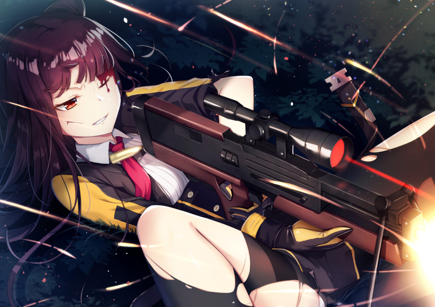 1girl bangs black_gloves black_legwear black_skirt bleeding blood blood_on_face breasts bullet bullpup buttons clenched_teeth collared_shirt commentary_request eyebrows_visible_through_hair firing furrowed_eyebrows girls_frontline gloves grass gun high-waist_skirt holding holding_weapon injury jacket knee_up large_breasts long_hair long_sleeves looking_away lying miniskirt motion_blur muzzle_flash necktie night on_back one_eye_closed one_side_up open_clothes open_jacket pantyhose parted_lips purple_hair red_eyes red_neckwear revision rifle scope shirt sidelocks skirt sniper_rifle solo striped striped_shirt teeth torn_clothes torn_jacket torn_legwear tracer_fire underbust v-shaped_eyebrows wa2000_(girls_frontline) walther walther_wa_2000 weapon white_shirt yan_(nicknikg)