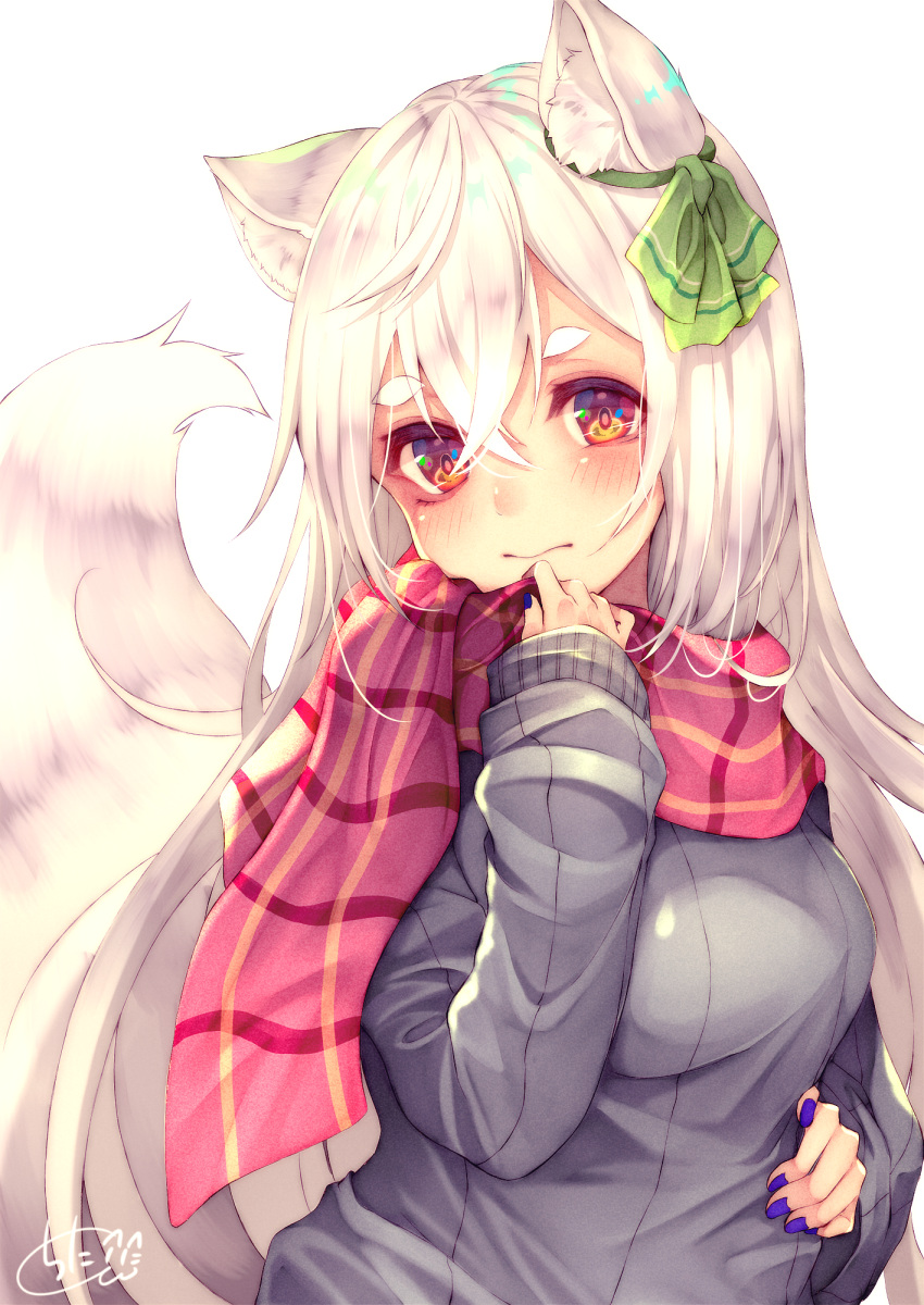 1girl animal_ear_fluff animal_ears bangs blush bow breasts chita_(ketchup) closed_mouth commentary_request eyebrows_visible_through_hair fox_ears fox_girl fox_tail green_bow grey_hair grey_sweater hair_between_eyes hair_bow hand_on_hip head_tilt highres long_hair long_sleeves looking_at_viewer medium_breasts nail_polish original plaid plaid_scarf purple_nails red_eyes red_scarf ribbed_sweater scarf short_eyebrows signature simple_background sleeves_past_wrists solo sweater tail tail_raised thick_eyebrows very_long_hair white_background