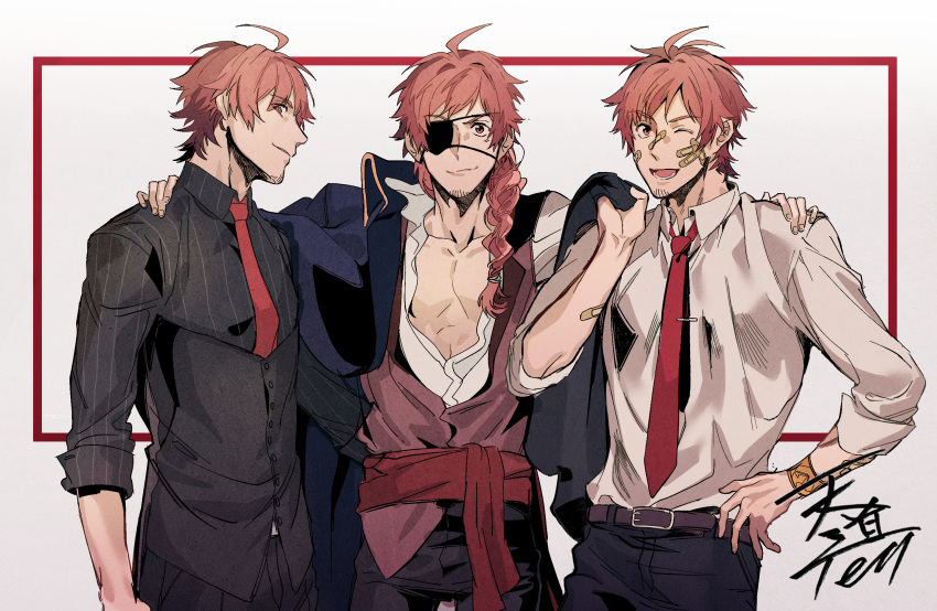 3boys ahoge bandaid bandaid_on_arm bandaid_on_face bangs bare_chest belt black_pants black_shirt dress_shirt dual_persona eyebrows_visible_through_hair eyepatch facial_hair goatee hand_on_another's_shoulder highres idolmaster idolmaster_side-m jacket_on_shoulders looking_at_viewer messy_hair multiple_boys open_clothes open_shirt pants parted_bangs pirate_costume ponytail profile red_background red_eyes red_neckwear red_sash redhead ryeon_(gs_oik) shirt signature sleeves_rolled_up smile smirk striped striped_shirt tendou_teru two-tone_background upper_body vertical-striped_shirt vertical_stripes vest_over_shirt white_background white_shirt yellow_wristband