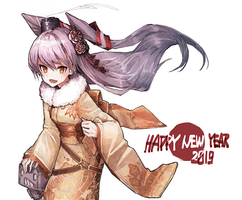 1girl air_qh alternate_costume amatsukaze_(kantai_collection) bangs fang hair_between_eyes hair_ornament happy_new_year highres holding japanese_clothes kantai_collection kimono long_hair long_sleeves looking_at_viewer new_year open_mouth rensouhou-kun silver_hair simple_background smoke smokestack standing two_side_up white_background windsock yellow_eyes yukata