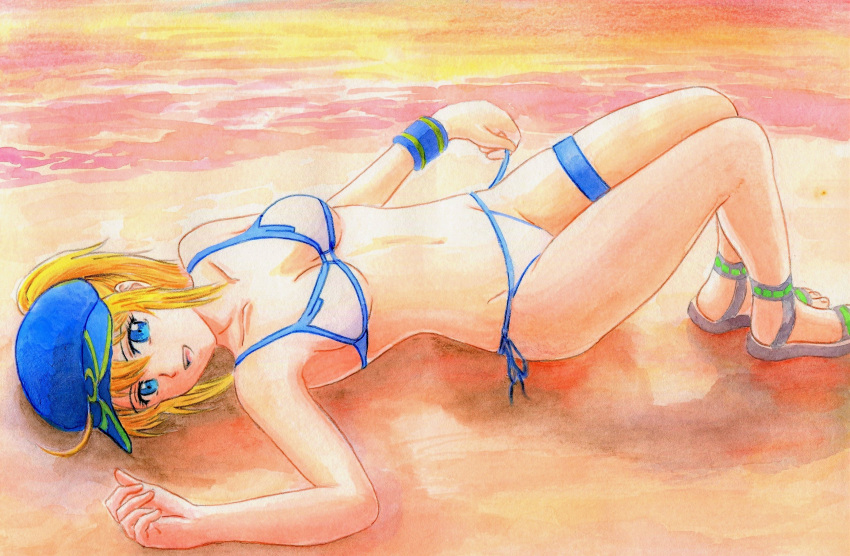 1girl abs artoria_pendragon_(all) beach blonde_hair blue_eyes breasts fate/grand_order fate_(series) girl hat highres looking_at_viewer lying medium_breasts mysterious_heroine_xx_(foreigner) on_back open_mouth ponytail smile solo sunset swimsuit swimwear