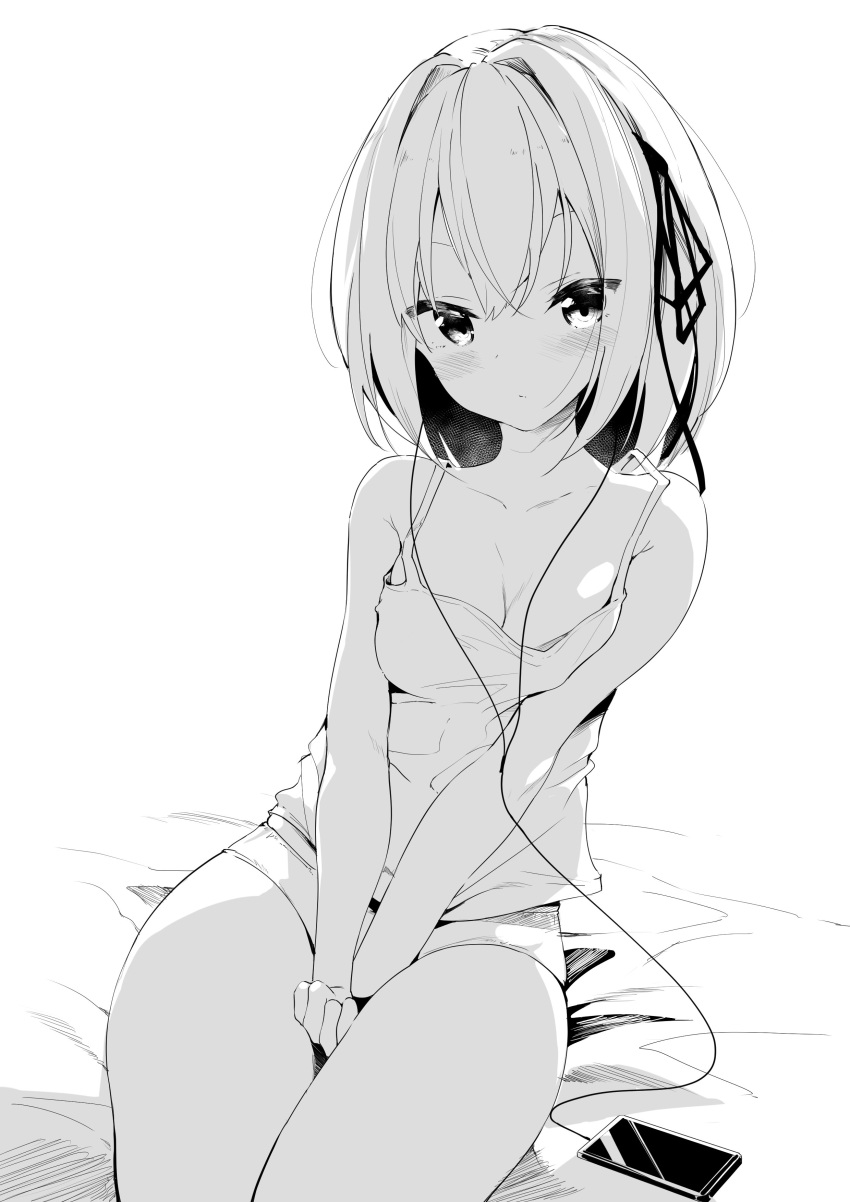 1girl absurdres bangs bare_legs bare_shoulders bed_sheet between_legs blush breasts camisole cellphone chen_bin collarbone earphones greyscale hair_intakes hair_ribbon hand_between_legs highres leaning_to_the_side looking_at_viewer medium_breasts monochrome no_pants original panties phone ribbon short_hair simple_background sitting smartphone solo spaghetti_strap strap_gap underwear v_arms white_background