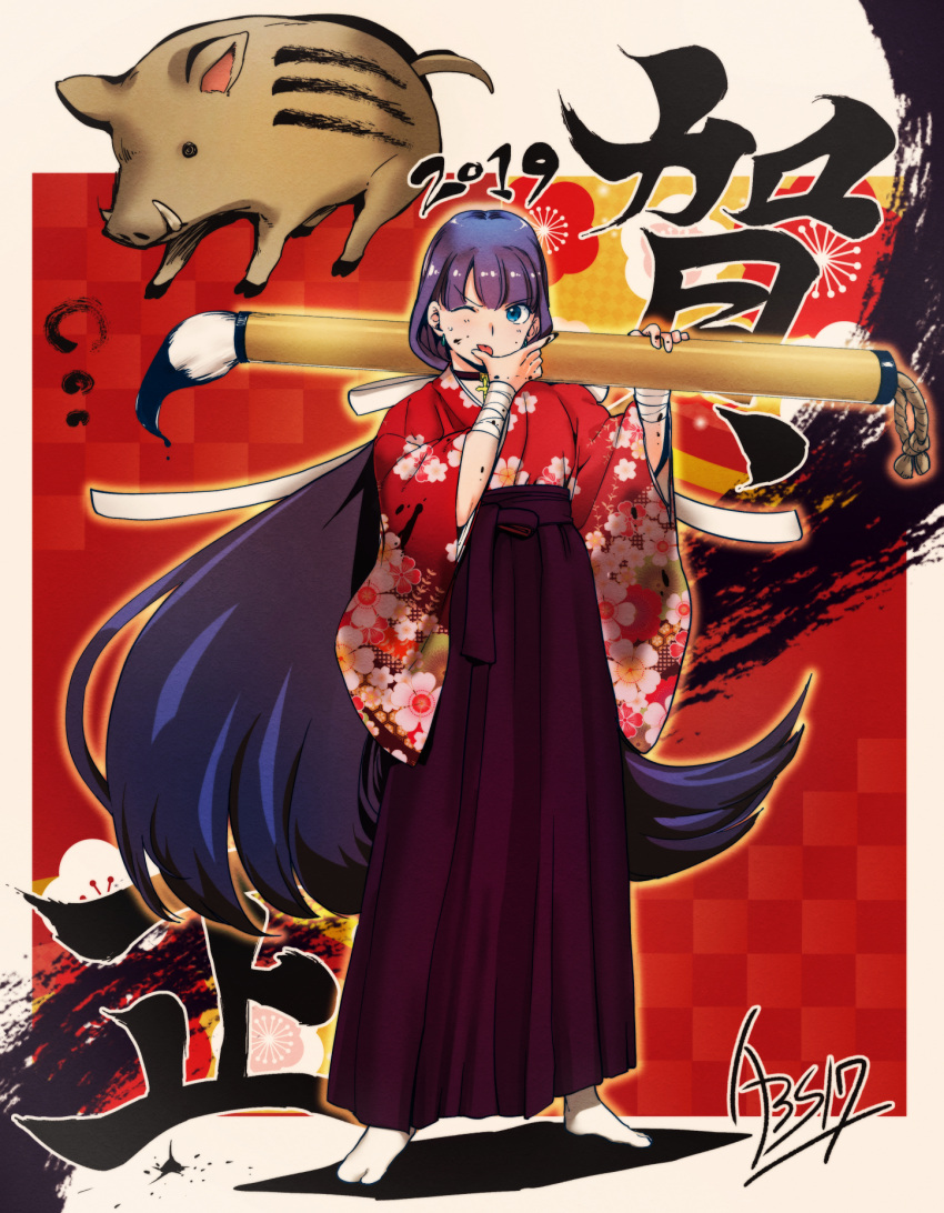 1girl 2019 aoba_(smartbeat) blue_eyes boar border checkered checkered_background chinese_zodiac commentary_request cross earrings eyebrows_visible_through_hair fate/grand_order fate_(series) floral_print giant_brush hakama highres japanese_clothes jewelry kimono light_blush long_hair new_year one_eye_closed paint paintbrush purple_hair purple_hakama red_background ribbon saint_martha signature solo sweatdrop tabi tongue tongue_out very_long_hair white_border white_ribbon wrist_wrap year_of_the_pig