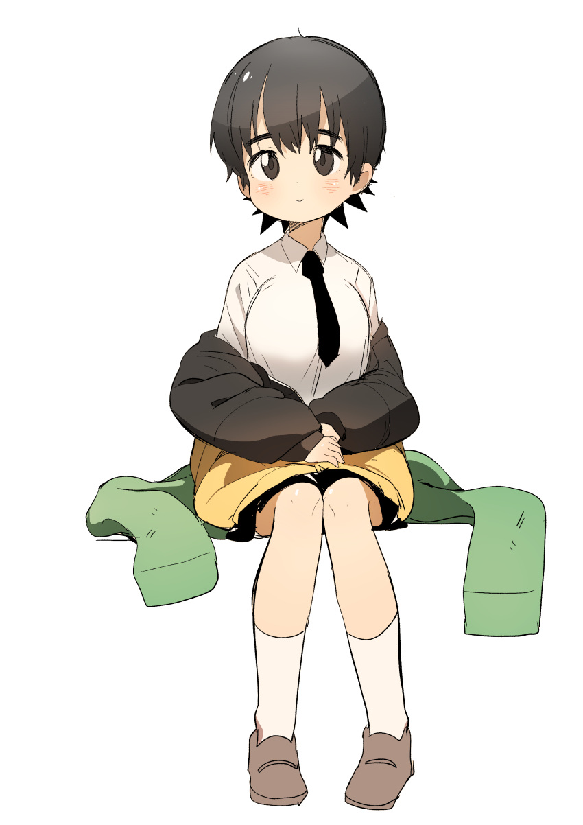 1girl absurdres blush brown_eyes brown_hair bural_chingu eyebrows eyebrows_visible_through_hair full_body highres looking_at_viewer luke_(dydansgur) necktie pleated_skirt school_uniform seong_mi-na_(bural_chingu) shirt short_hair simple_background sitting skirt smile solo white_background