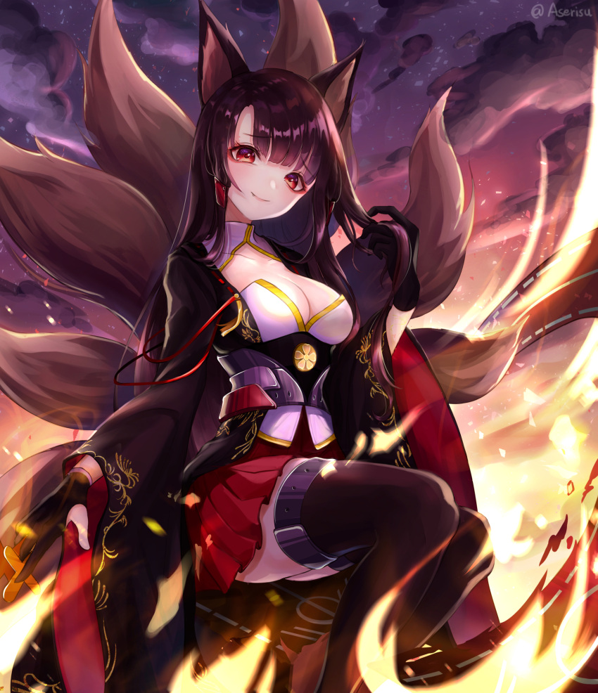 1girl akagi_(azur_lane) animal_ears aseris azur_lane bangs black_kimono blunt_bangs breasts brown_hair cleavage eyeliner eyeshadow fire fox_ears fox_girl fox_tail gloves hakama_skirt highres japanese_clothes kimono kitsune long_hair looking_at_viewer makeup medium_breasts multiple_tails partly_fingerless_gloves red_eyes red_skirt sitting skirt smile solo tail wide_sleeves