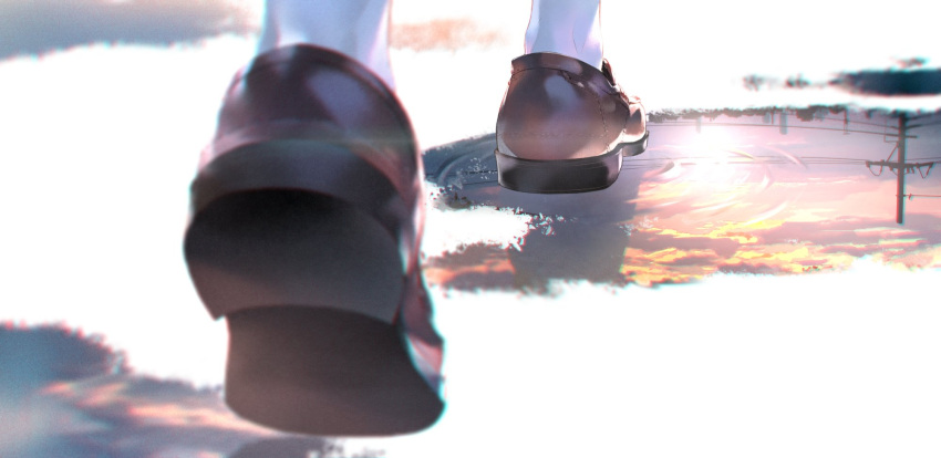 1girl blurry blurry_background brown_footwear depth_of_field feet highres loafers original outdoors puddle reflection ripples shoe_soles shoes solo sousou_(sousouworks) sun sunlight telephone_pole walking water white_legwear