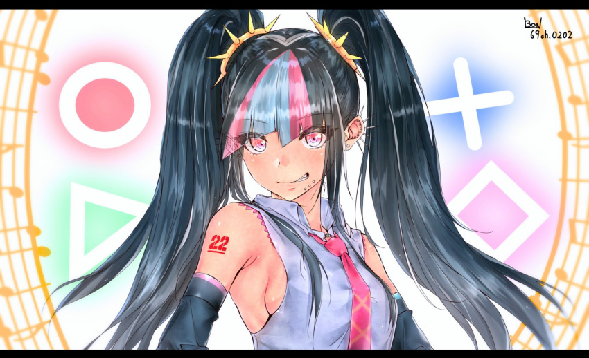 1girl black_hair breasts chin_piercing cosplay dangan_ronpa detached_sleeves ear_piercing hatsune_miku hatsune_miku_(cosplay) highres jewelry long_hair looking_at_viewer mioda_69ch mioda_ibuki multicolored_hair necktie piercing pink_eyes sideboob smile super_dangan_ronpa_2 twintails twintails_day