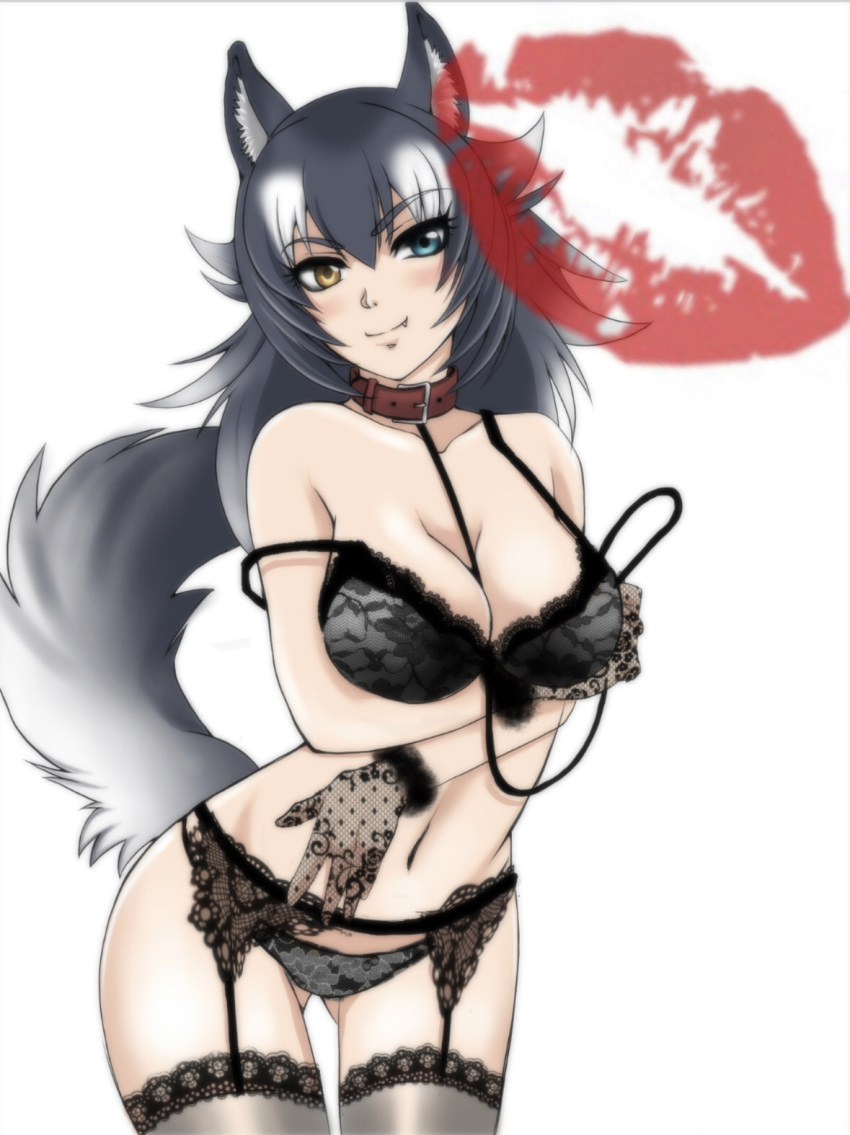 1girl animal_ears black_bra black_hair black_legwear black_panties blue_eyes blush bra breast_hold breasts cleavage collar collarbone eyes_visible_through_hair fang garter_belt garter_straps gloves grey_wolf_(kemono_friends) heterochromia highres kemono_friends large_breasts lingerie looking_at_viewer multicolored_hair navel panties saijouji_reika see-through simple_background solo tail thigh-highs two-tone_hair underwear underwear_only white_background wolf_ears wolf_girl wolf_tail yellow_eyes