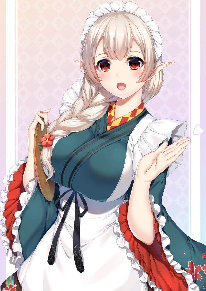 1girl apron black_ribbon blonde_hair blush braid breasts elf elu_(nijisanji) eyebrows_visible_through_hair floral_print flower frilled_apron frilled_kimono frilled_sleeves frills hair_flower hair_ornament hair_over_shoulder heart highres holding holding_tray japanese_clothes kimono large_breasts long_hair looking_at_viewer maid_headdress minamon_(vittel221) nijisanji open_mouth pointy_ears red_eyes ribbon single_braid solo tray upper_teeth virtual_youtuber waving white_apron wide_sleeves