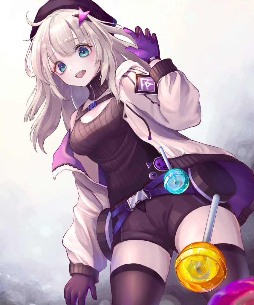1girl :d aa-12_(girls_frontline) absurdres ahoge arm_at_side aseris badge bangs bare_shoulders belt beret black_hat black_legwear black_shorts blue_eyes breasts button_badge candy cleavage commentary cowboy_shot detached_collar drawstring eyebrows_visible_through_hair food from_below girls_frontline gloves gradient gradient_background grey_background hair_ornament hand_up hat highres jacket legs_apart lollipop looking_at_viewer looking_down medium_breasts off_shoulder open_clothes open_jacket open_mouth purple_gloves shiny shiny_hair short_shorts shorts silver_hair smile solo star star_hair_ornament striped tank_top thigh-highs unzipped upper_teeth vertical_stripes white_jacket zipper