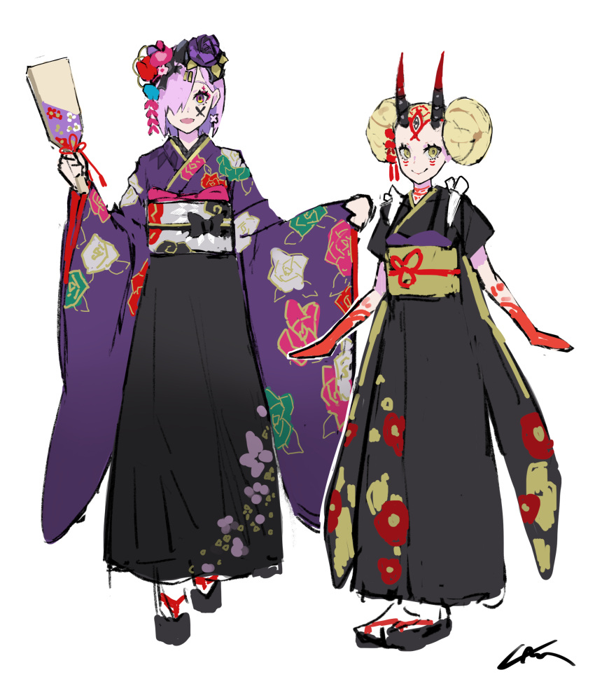 2girls :d absurdres double_bun eyeliner facepaint fate/grand_order fate_(series) floral_print hagoita hair_ornament hair_over_one_eye highres horns ibaraki_douji_(fate/grand_order) japanese_clothes kimono looking_at_viewer makeup mash_kyrielight multiple_girls oni open_mouth paddle purple_hair ram_(ramlabo) sandals sash simple_background sketch smile white_background white_legwear yellow_eyes