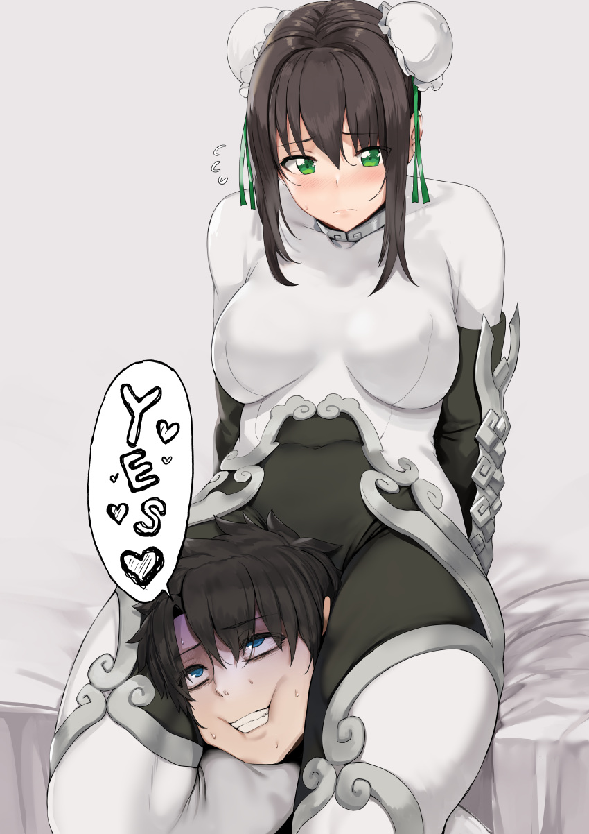 1boy 1girl absurdres arm_support asphyxiation bangs black_hair blue_eyes blush bodysuit brown_hair bun_cover chinese_clothes choke_hold closed_mouth covered_navel double_bun english_text erect_nipples erotic_asphyxiation eyebrows_visible_through_hair fate/grand_order fate_(series) femdom flying_sweatdrops fujimaru_ritsuka_(male) gloves green_eyes hair_between_eyes hair_ornament heart hews_hack highres pale_face qin_liangyu_(fate) rolling_eyes scissorhold sidelocks sitting strangling sweat sweatdrop