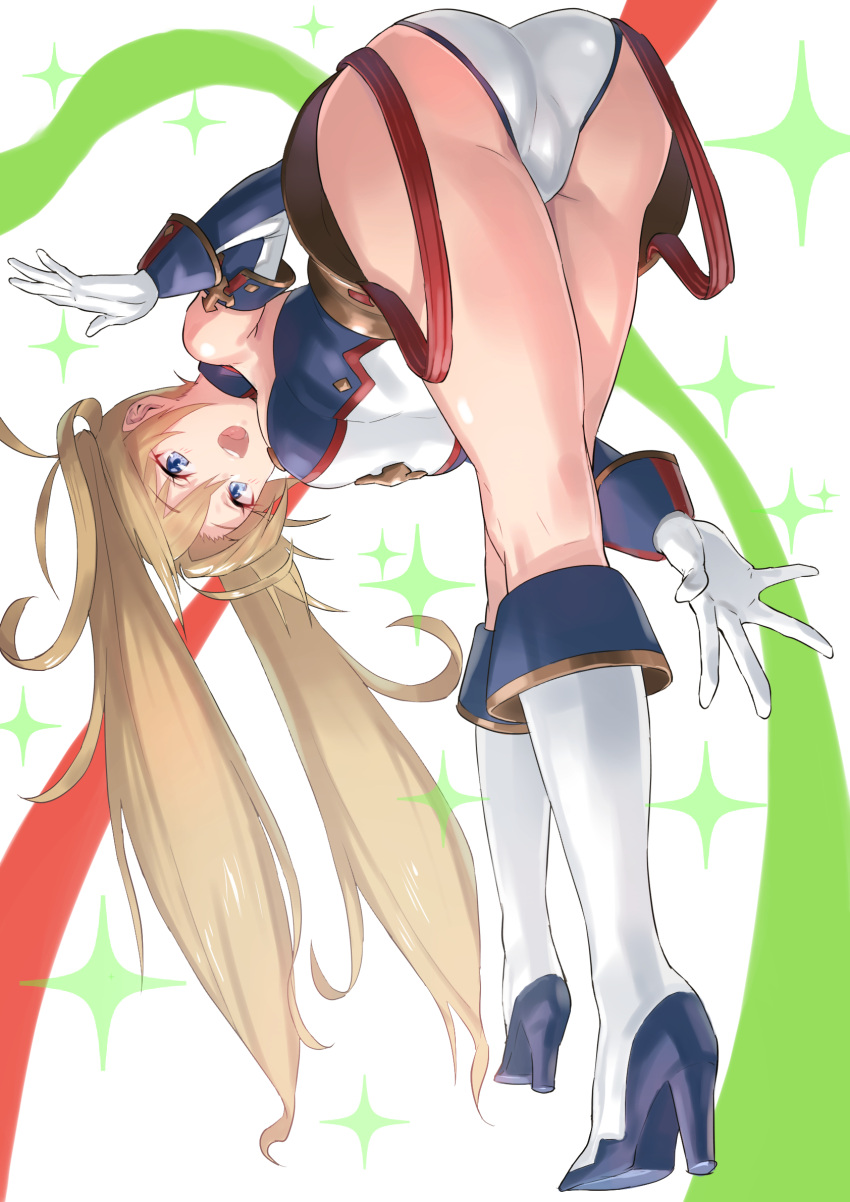 1girl :d ass bangs bare_shoulders blonde_hair blue_eyes boots bradamante_(fate/grand_order) breasts detached_sleeves eyebrows_visible_through_hair fate/grand_order fate_(series) gloves green322 hair_between_eyes high_heel_boots high_heels highres leotard long_hair long_sleeves looking_at_viewer medium_breasts open_mouth round_teeth smile solo sparkle standing teeth twintails very_long_hair white_gloves