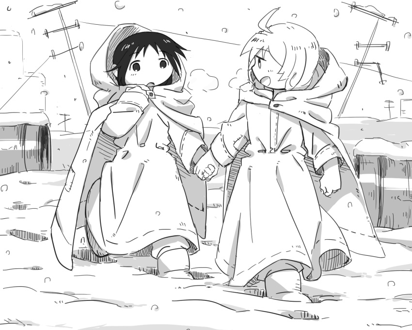 ahoge black_hair breath chito_(shoujo_shuumatsu_ryokou) cloak greyscale hand_holding highres hood hooded_cloak monochrome shoujo_shuumatsu_ryokou snow snowing yoshimi_(yasinatongren) younger yuuri_(shoujo_shuumatsu_ryokou)