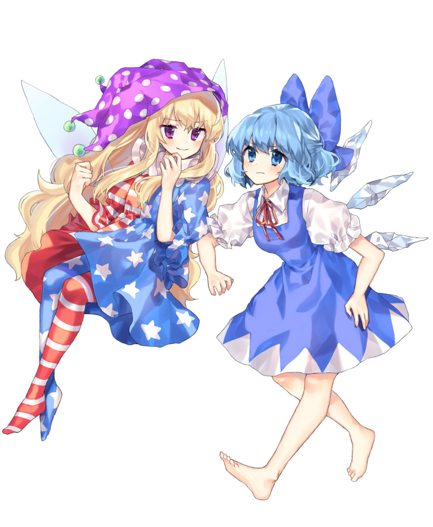 2girls absurdres american_flag_dress american_flag_legwear barefoot blonde_hair blue_bow blue_dress blue_eyes blue_hair blue_legwear blush bow breasts cheunes cirno clenched_hand clownpiece dress fairy_wings floating full_body hair_bow hands_up hat highres ice ice_wings jester_cap long_hair looking_at_viewer medium_breasts mob_cap multiple_girls neck_ribbon neck_ruff no_shoes pantyhose pinafore_dress polka_dot polka_dot_hat puffy_short_sleeves puffy_sleeves purple_hat red_dress red_legwear red_neckwear red_ribbon ribbon shirt short_hair short_sleeves smile star star_print striped striped_dress striped_legwear touhou transparent_background very_long_hair violet_eyes white_dress white_legwear white_shirt wings