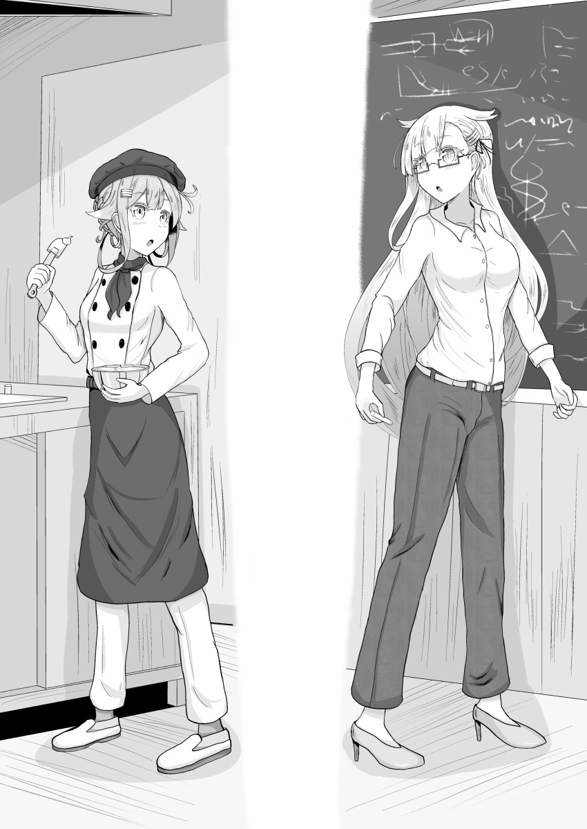 absurdres apron bespectacled chalk chalkboard chef_hat chef_uniform double-breasted food glasses hair_flaps harusame_(kantai_collection) hat high_heels highres kantai_collection long_hair monochrome multiple_girls noyomidx open_mouth pants shirt teacher waist_apron yuudachi_(kantai_collection)
