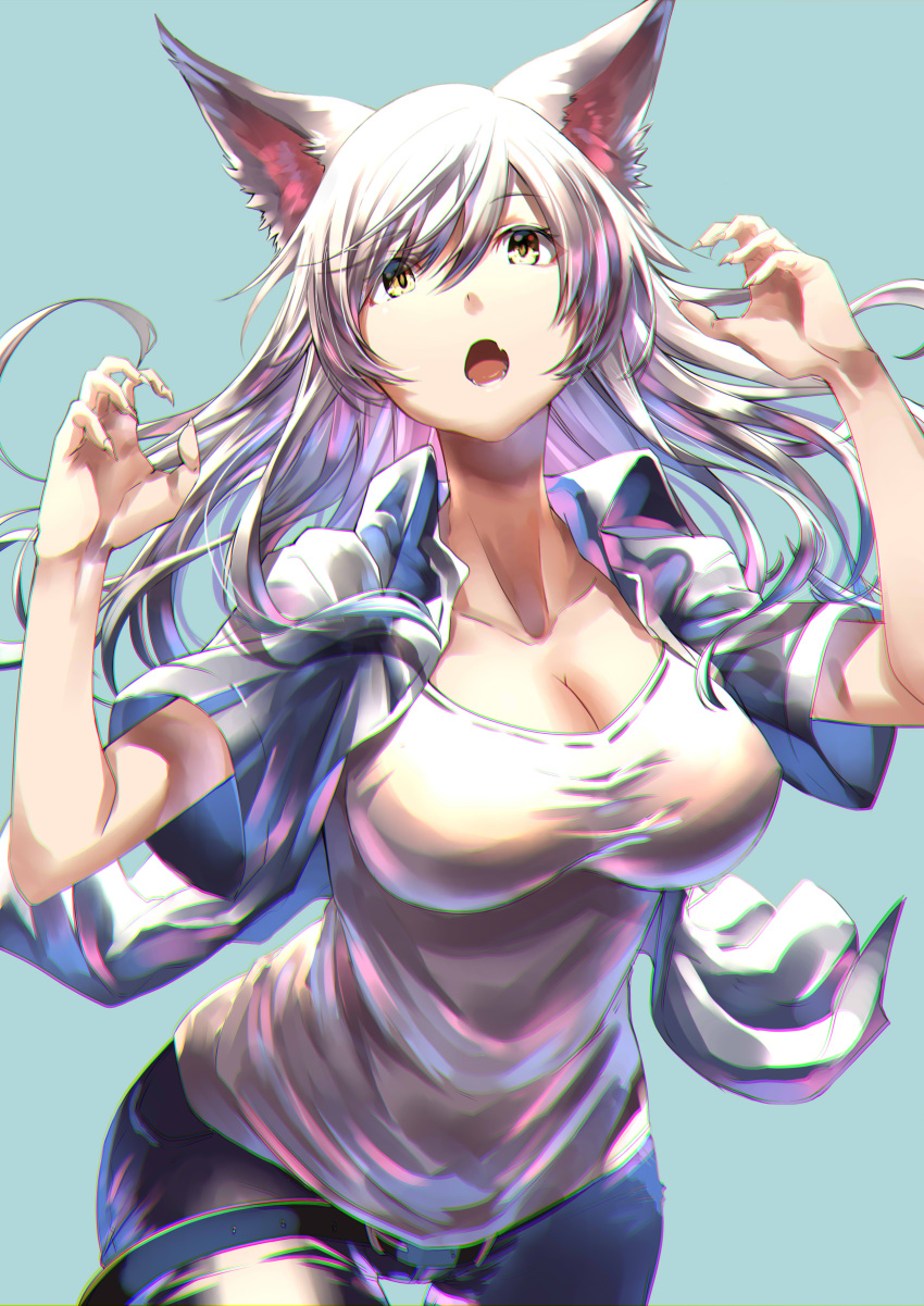 1girl absurdres animal_ears bakemonogatari bangs black_hanekawa blue_pants blue_shirt breasts cat_ears chromatic_aberration cleavage collared_shirt dorashieru eyebrows_visible_through_hair fang hanekawa_tsubasa highres large_breasts long_hair monogatari_(series) nekomonogatari open_mouth pants paw_pose sharp_nails shirt short_sleeves silver_hair solo white_hair white_shirt yellow_eyes