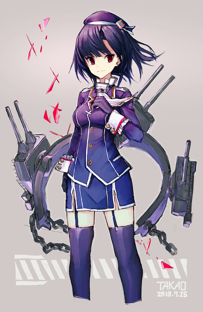 1girl absurdres air_qh bangs beret black_gloves black_hair black_legwear blue_hat breasts chains character_name closed_mouth dated eyebrows_visible_through_hair garter_straps gloves grey_background hand_on_own_chest hat highres kantai_collection machinery miniskirt red_eyes rigging shards short_hair simple_background skirt solo standing takao_(kantai_collection) thigh-highs uniform