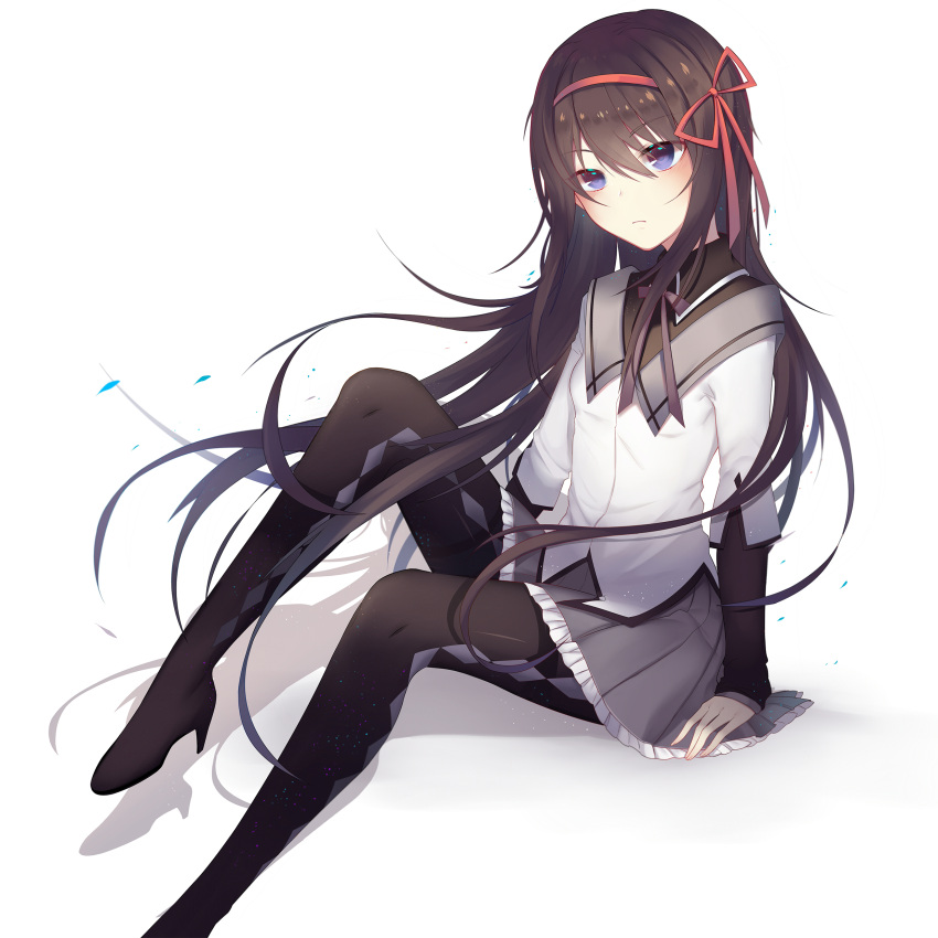 1girl absurdres akemi_homura arm_support black_footwear black_hair black_legwear blue_eyes boots egg_(rxlal) eyebrows_visible_through_hair floating_hair frilled_skirt frills grey_skirt hair_between_eyes hair_ribbon hairband high_heel_boots high_heels highres long_hair mahou_shoujo_madoka_magica miniskirt neck_ribbon pantyhose pleated_skirt purple_ribbon red_hairband red_ribbon ribbon shiny shiny_clothes shiny_hair shirt simple_background sitting skirt solo very_long_hair white_background white_shirt