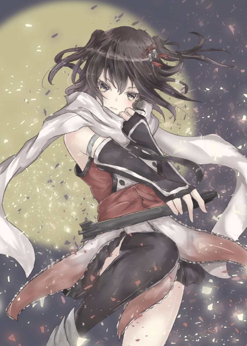 1girl black_gloves black_hair black_neckwear black_skirt brown_eyes double-breasted elbow_gloves feet_out_of_frame fingerless_gloves full_moon gloves hair_ornament highres kantai_collection looking_at_viewer moon neckerchief remodel_(kantai_collection) sa-ya2 scarf school_uniform sendai_(kantai_collection) serafuku single_thighhigh skirt solo standing thigh-highs torpedo two_side_up white_scarf