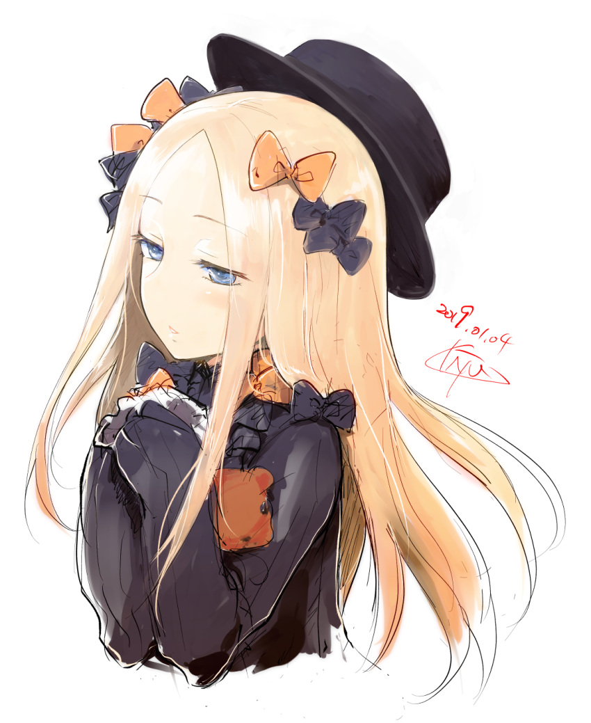 1girl abigail_williams_(fate/grand_order) bangs black_bow black_dress black_hat blonde_hair blue_eyes bow commentary_request cropped_torso dated dress eyebrows_visible_through_hair fate/grand_order fate_(series) forehead hair_bow half-closed_eyes hands_up hat highres kiyu_(queue) long_hair long_sleeves object_hug orange_bow parted_bangs parted_lips polka_dot polka_dot_bow signature sketch sleeves_past_fingers sleeves_past_wrists solo stuffed_animal stuffed_toy teddy_bear upper_body very_long_hair