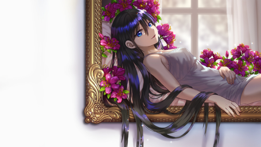 1girl aesice bangs black_hair blue_eyes breasts commentary_request curtains dress flower hair_between_eyes hand_on_own_stomach highres long_hair looking_at_viewer lying on_back open_mouth original picture_frame short_dress sleeveless small_breasts smile solo window