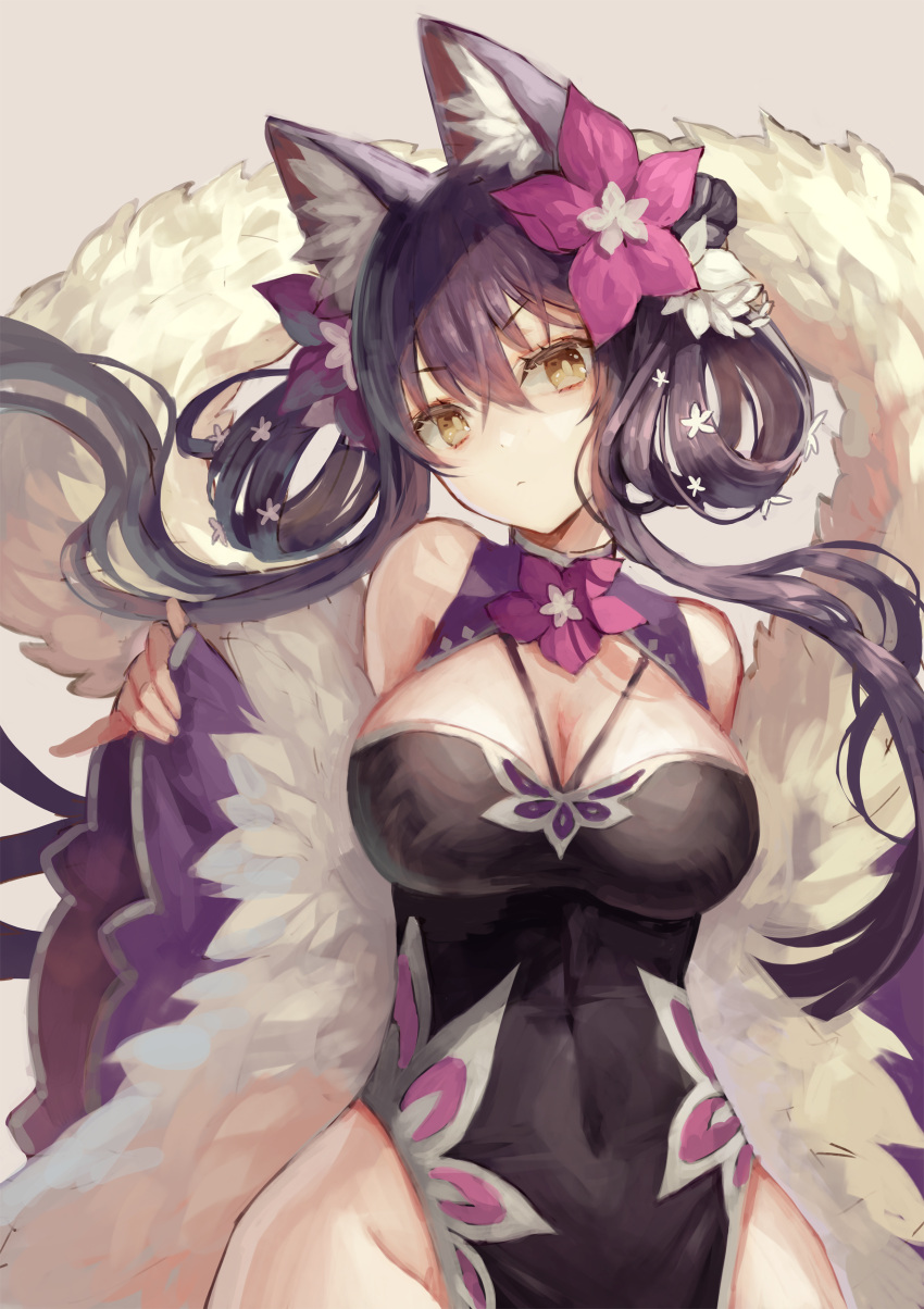 1girl absurdres animal_ear_fluff animal_ears bare_shoulders black_dress breasts brown_background brown_eyes brown_hair china_dress chinese_clothes cleavage closed_mouth commentary_request detached_sleeves dress flower fox_ears groin hair_flower hair_ornament head_tilt highres large_breasts long_hair long_sleeves looking_at_viewer original pelvic_curtain purple_flower sleeveless sleeveless_dress sleeves_past_wrists solo tamarashi twintails very_long_hair wide_sleeves