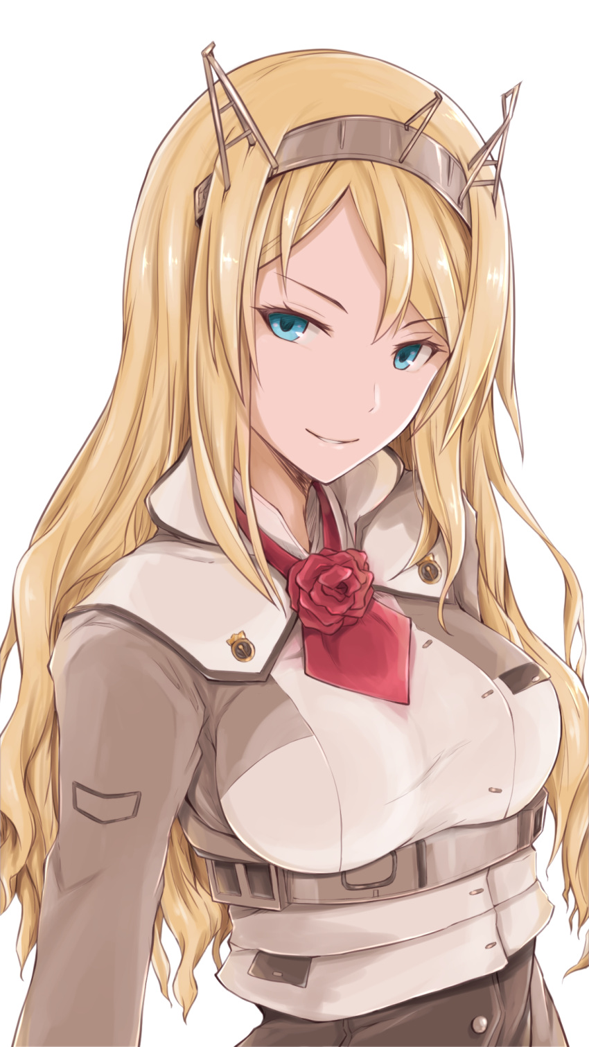 1girl ascot bangs blonde_hair blue_eyes blush breasts flower hair_between_eyes hairband headgear highres kantai_collection large_breasts long_hair long_sleeves looking_at_viewer military military_uniform nelson_(kantai_collection) open_mouth parted_lips red_flower red_neckwear red_rose rose sidelocks simple_background skirt smile solo twinameless underbust uniform white_background