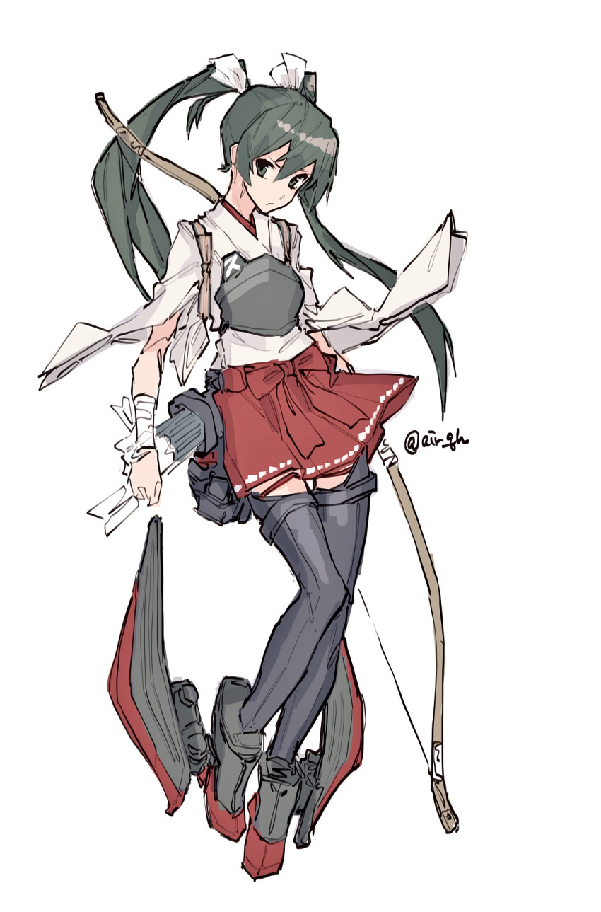 1girl air_qh arrow artist_name bangs black_eyes black_legwear boots bow bow_(weapon) closed_mouth full_body green_hair hair_between_eyes hair_tie hakama_skirt highres holding holding_bow_(weapon) holding_weapon japanese_clothes kantai_collection long_hair quiver simple_background skirt solo thigh-highs thigh_boots twintails weapon white_background wide_sleeves zettai_ryouiki zuikaku_(kantai_collection)