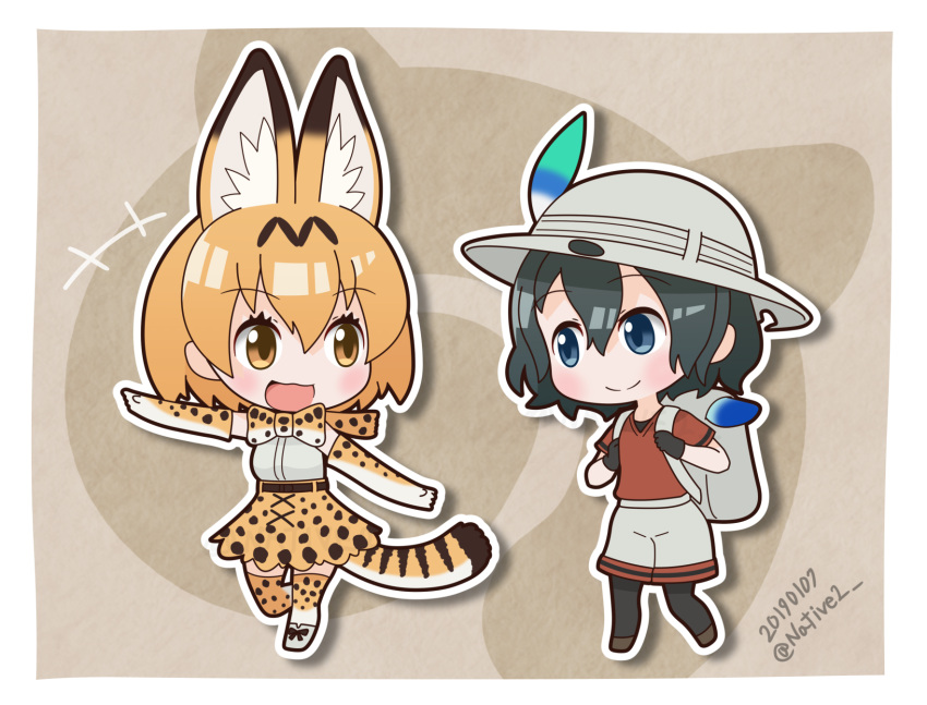 +++ 2girls :d animal_ears artist_name backpack bag bangs belt black_legwear black_stripes black_undershirt blonde_hair blue_eyes blue_hair bow bowtie brown_footwear chibi commentary_request dated elbow_gloves extra_ears gloves hat_feather helmet highres japari_symbol kaban_(kemono_friends) kemono_friends lucky_beast_(kemono_friends) multiple_girls native no_nose open_mouth outline pantyhose pith_helmet pointing red_shirt serval_(kemono_friends) serval_ears serval_print serval_tail shirt short_hair short_sleeves shorts skirt sleeveless sleeveless_shirt smile striped striped_shirt striped_shorts tail thigh-highs white_backpack white_footwear white_outline white_shirt white_shorts yellow_eyes zettai_ryouiki