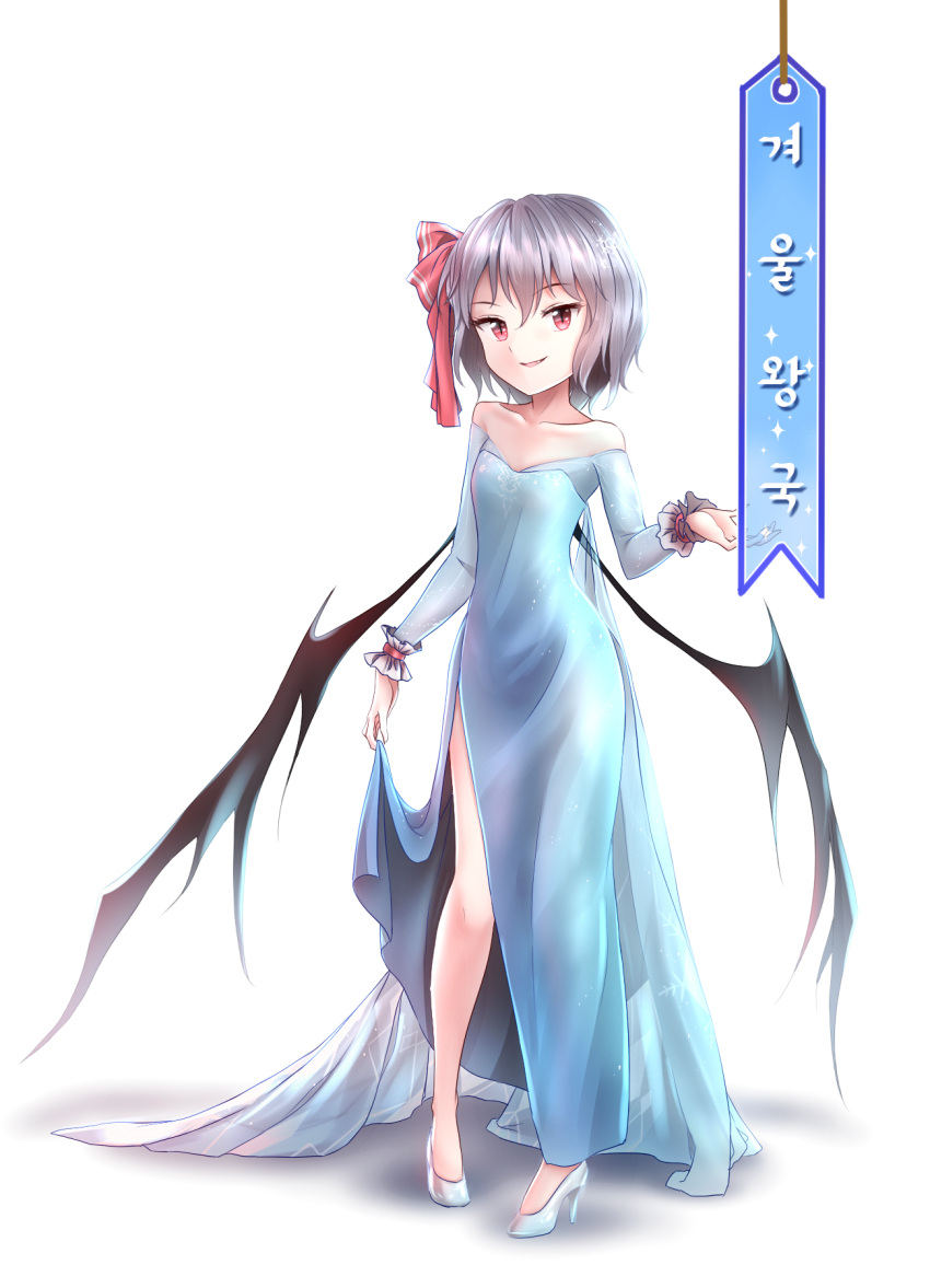 1girl bangs bare_shoulders bat_wings blue_dress breasts collarbone cosplay dress elsa_(frozen) elsa_(frozen)_(cosplay) eyebrows_visible_through_hair fang frozen_(disney) full_body hair_between_eyes hair_ribbon high_heels highres korean looking_at_viewer minust no_hat no_headwear off-shoulder_dress off_shoulder parted_lips red_eyes red_ribbon remilia_scarlet ribbon shadow short_hair side_slit silver_hair skirt_hold small_breasts smile snowflake_print solo standing thighs touhou translation_request transparent_background white_footwear wings wrist_cuffs