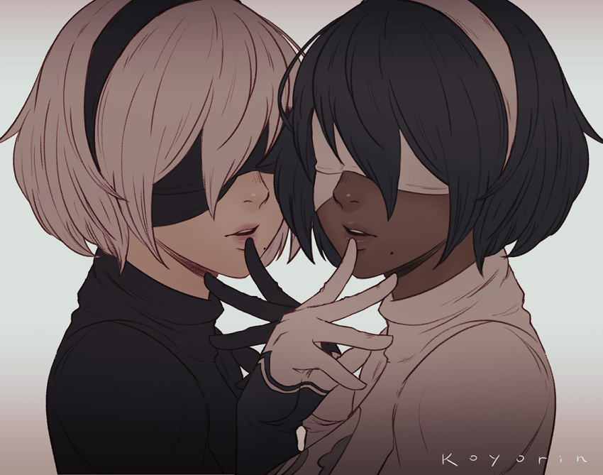 2girls alternate_color artist_name black_blindfold black_hair black_hairband blindfold dark_skin gloves hairband hand_on_own_face koyorin mole mole_under_mouth multiple_girls nier_(series) nier_automata parted_lips player_2 short_hair silver_hair simple_background soul_calibur soulcalibur_vi upper_body white_blindfold white_hairband yorha_no._2_type_b