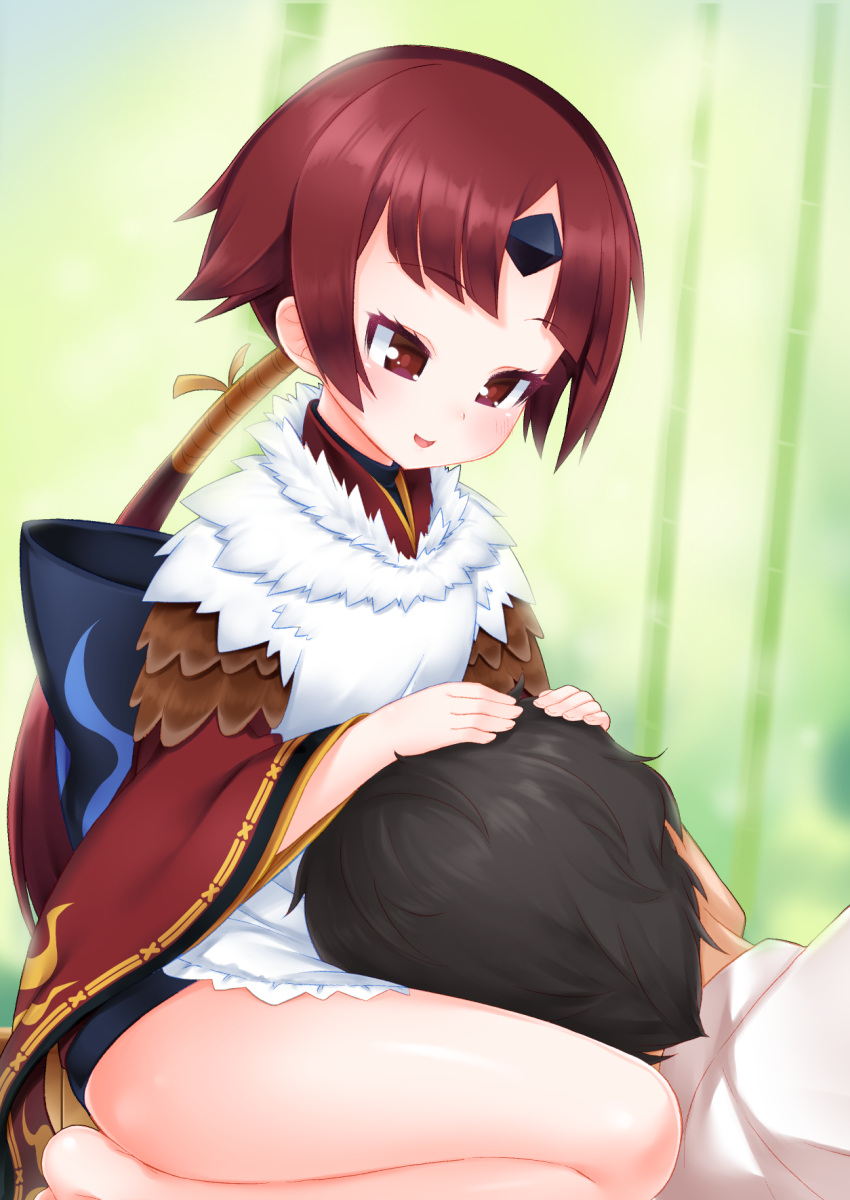 1boy 1girl apron bamboo bangs benienma_(fate/grand_order) black_hair blue_bow blue_shorts blurry blurry_background blush bow brown_eyes brown_hair brown_kimono depth_of_field eyebrows_visible_through_hair fate/grand_order fate_(series) fingernails fujimaru_ritsuka_(male) hands_on_another's_head highres jacket japanese_clothes kimono kirisame_mia lap_pillow long_hair long_sleeves low_ponytail no_hat no_headwear parted_bangs parted_lips ponytail short_shorts shorts smile very_long_hair white_apron white_jacket wide_sleeves