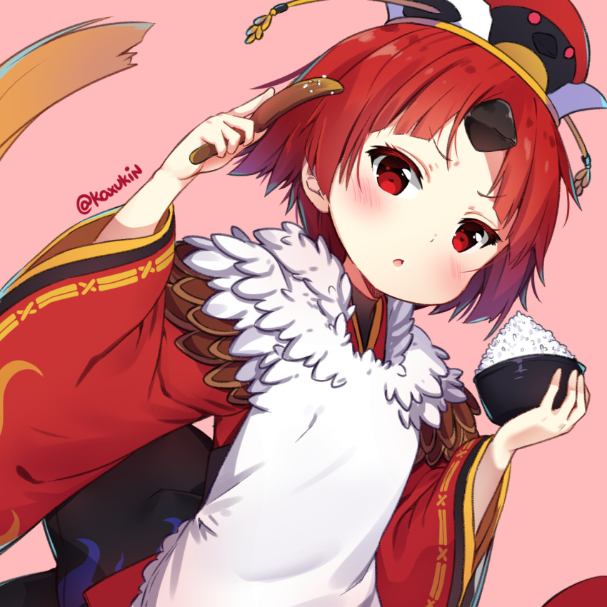 1girl :o bangs benienma_(fate/grand_order) blush bowl commentary_request dutch_angle fate/grand_order fate_(series) feathers hands_up hat hey_xander highres holding holding_bowl holding_spoon japanese_clothes long_sleeves looking_at_viewer obi parted_lips pink_background red_eyes redhead rice rice_bowl sash short_hair simple_background solo spoon twitter_username v-shaped_eyebrows wide_sleeves