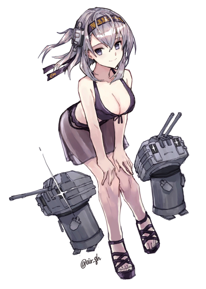 1girl air_qh artist_name bangs bare_shoulders bikini black_bikini black_headband breasts chou-10cm-hou-chan_(suzutsuki's) cleavage closed_mouth clothes_writing collarbone full_body grey_eyes hachimaki hair_between_eyes hair_flaps hands_on_own_knees headband highres kantai_collection large_breasts looking_at_viewer machinery one_side_up sandals see-through short_hair silver_hair simple_background smile solo suzutsuki_(kantai_collection) swimsuit white_background
