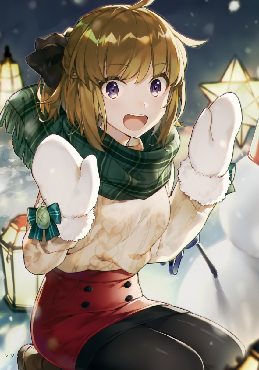 1girl :d absurdres ahoge aqua_bow artist_name bangs black_bow black_legwear blush bow brown_hair eyebrows_visible_through_hair fringe_trim fur-trimmed_sleeves fur_trim green_scarf hair_bow hands_up highres lantern long_hair long_sleeves looking_at_viewer melonbooks mittens open_mouth outdoors pantyhose plaid plaid_scarf ponytail red_skirt ribbed_sweater round_teeth scan scarf seiza shirako_miso sitting skirt smile snowman solo sweater tareme teeth upper_teeth violet_eyes winter yellow_sweater