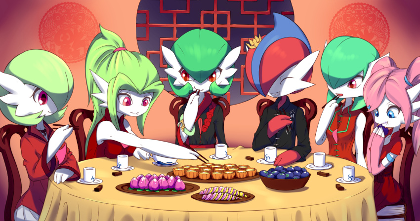 alternate_hair_color alternate_hair_length alternate_hairstyle blue_eyes breasts chair chinese_clothes chopsticks closed_eyes closed_mouth commentary creature creatures_(company) crown cup dress eating english_commentary food gallade game_freak gardevoir gen_3_pokemon gen_4_pokemon green_hair grin happy highres holding holding_chopsticks indoors junjie-oyan medium_breasts nintendo no_humans orange_eyes pecha_berry pink_eyes pink_hair plate pokemon pokemon_(creature) red_dress redhead sidelocks sitting small_breasts smile table tablecloth tied_hair twintails