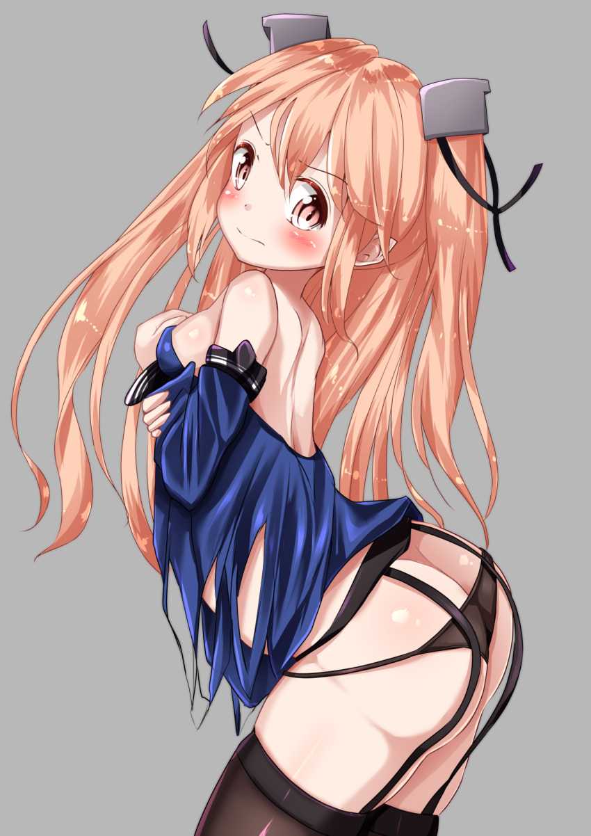 1girl arched_back ass bangs bare_shoulders blue_shirt blush breasts brown_legwear brown_panties commentary_request eyebrows_visible_through_hair garter_belt grey_background hair_between_eyes hair_ornament hands_up highres johnston_(kantai_collection) kantai_collection leaning_forward light_brown_hair long_hair long_sleeves looking_at_viewer looking_to_the_side mochiyuki panties red_eyes shirt simple_background small_breasts solo thigh-highs two_side_up underwear very_long_hair