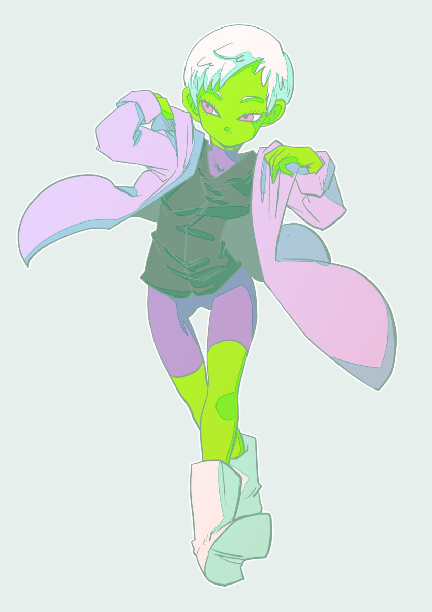 1girl aqua_background bare_legs bike_shorts black_shirt boots cheelai dragon_ball dragon_ball_super_broly eyelashes floating_clothes full_body green_skin highres jacket legs_crossed looking_away purple_jacket purple_legwear shirt short_hair simple_background smile solo standing tetsuyo violet_eyes white_hair